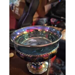 VINTAGE INDIANA CARNIVAL GLASS KINGS CROWN THUMBPRINT BLUE IRIDESCENT COMPOTE 5"